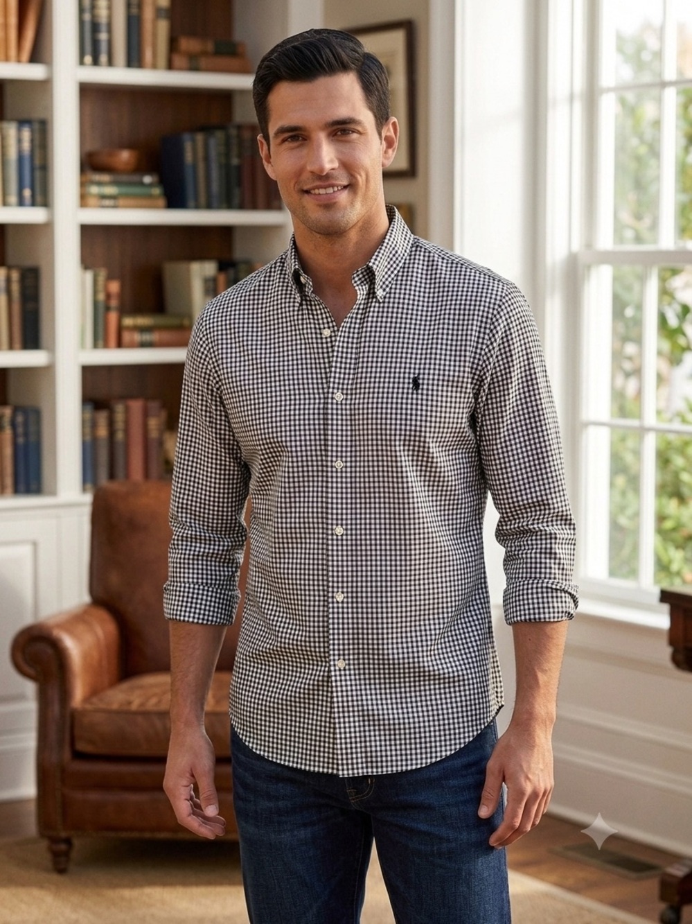 Ralph Lauren Easy Care Dress Shirt Mens 17.5 36/37 Black White Gingham